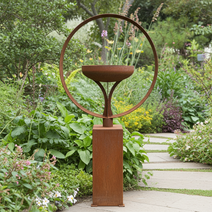 Elemental Birdbath – Sculpted Metal Art on Plinth Base