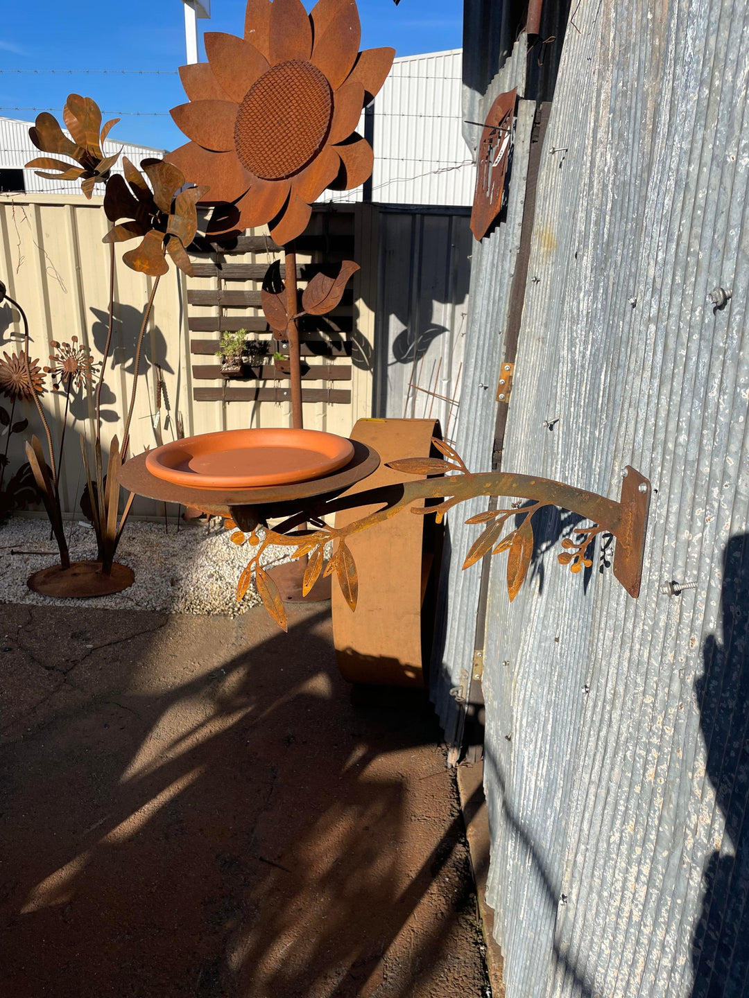 Bird Feeder / Bath - Metal Garden Sculpture with gum leaves-Old n Dazed