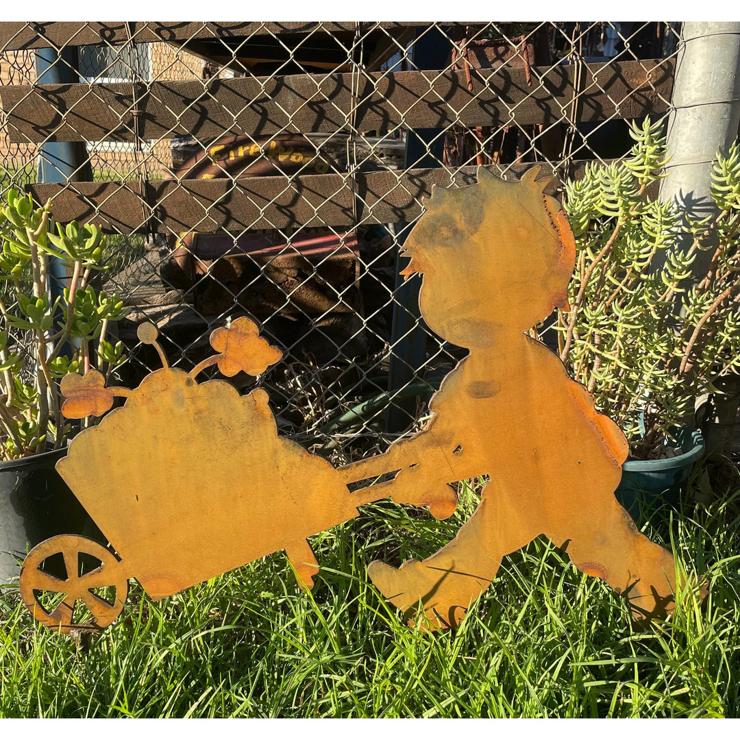 Boy with wheel barrow Metal Garden art-Old n Dazed