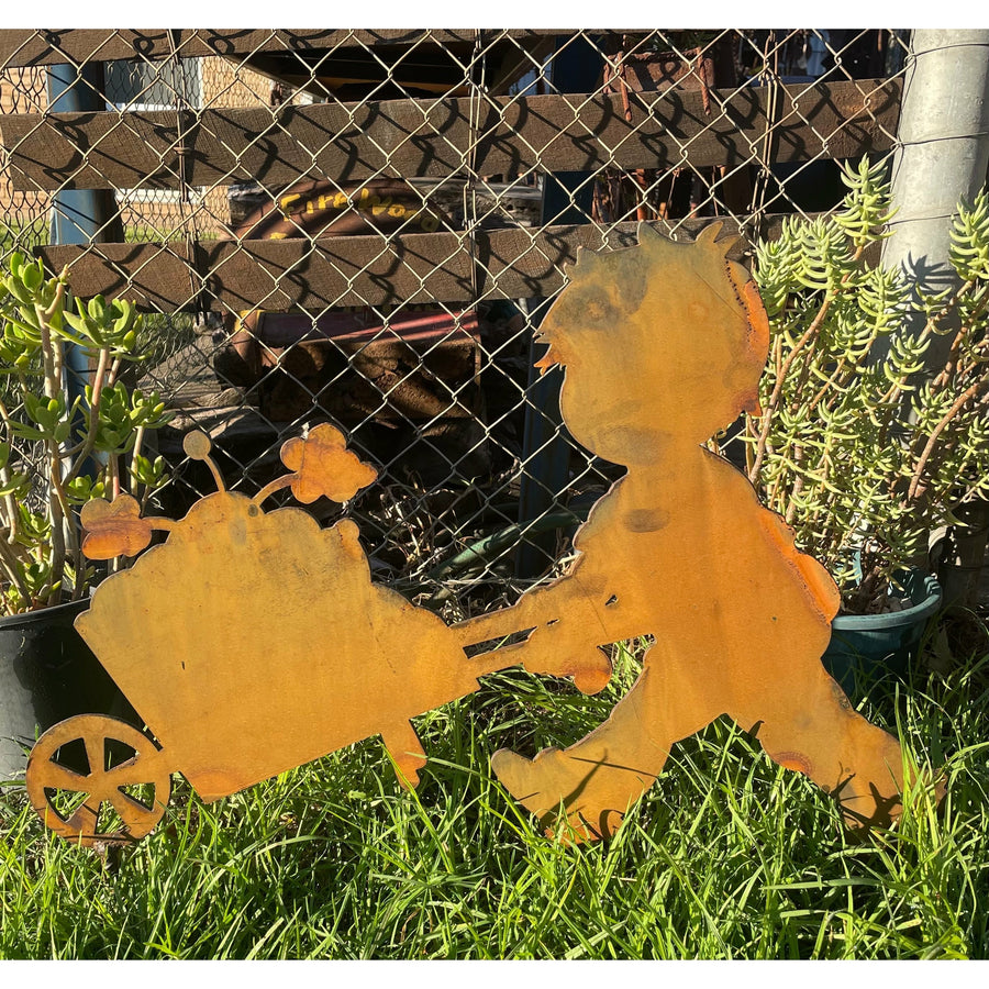 Boy with wheel barrow Metal Garden art-Old n Dazed
