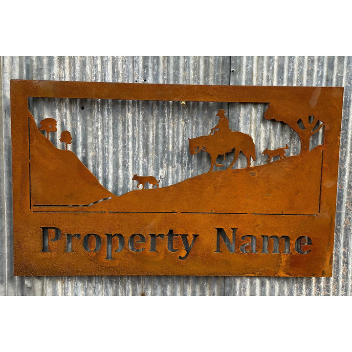 Custom Made Metal Property Sign Horse 2 Dogs Hillside-Old n Dazed