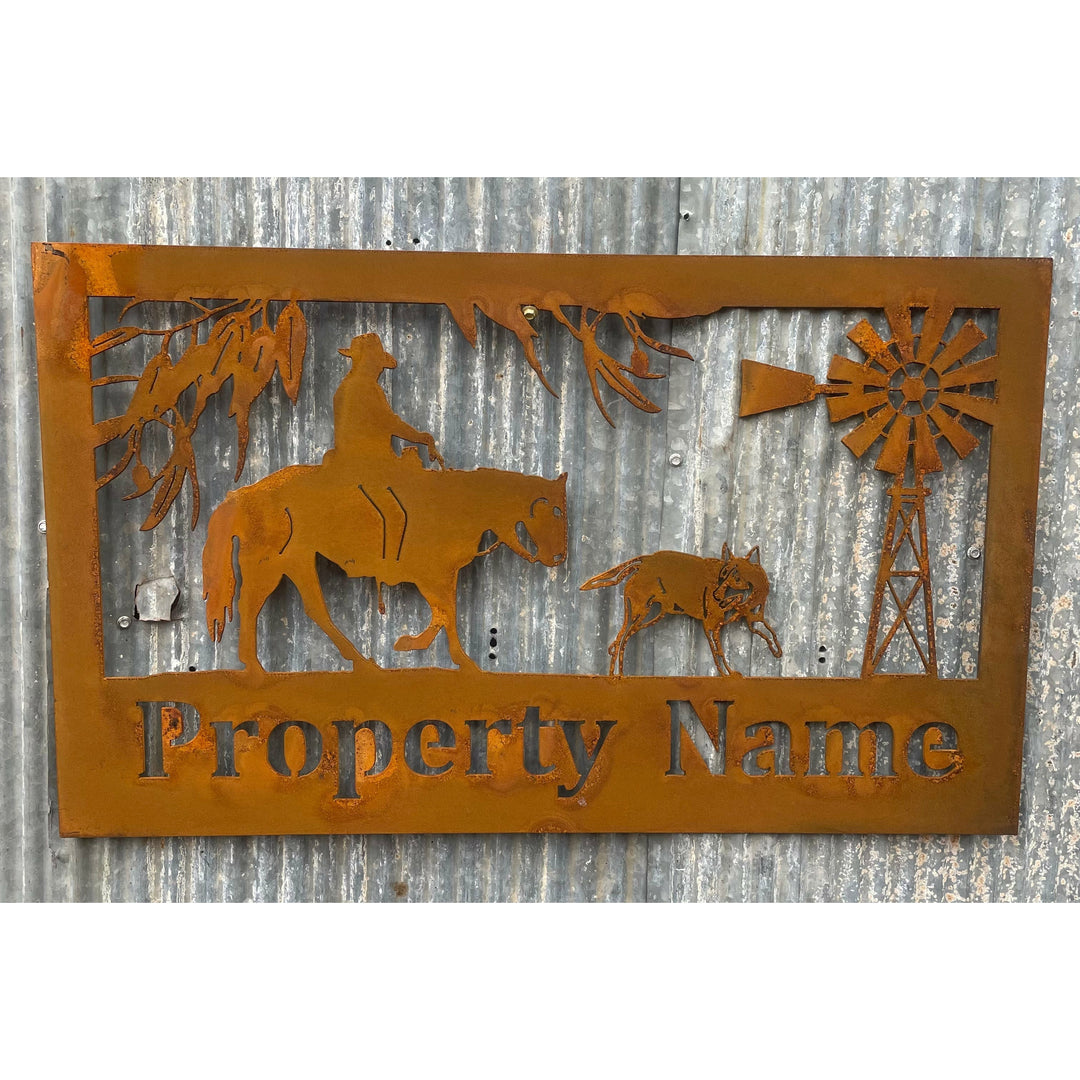Custom Made Metal Property Sign Horse Man and Dog-Old n Dazed