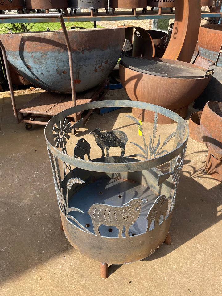Farm scene with sheep, wheat and windmill Round Fire Pit-Old n Dazed
