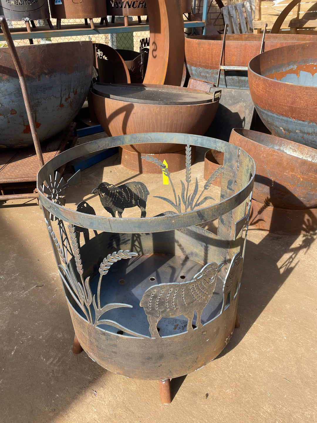 Farm scene with sheep, wheat and windmill Round Fire Pit-Old n Dazed