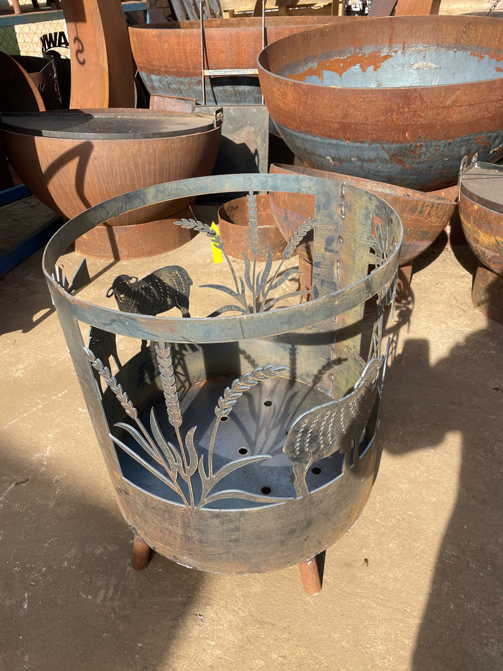 Farm scene with sheep, wheat and windmill Round Fire Pit-Old n Dazed