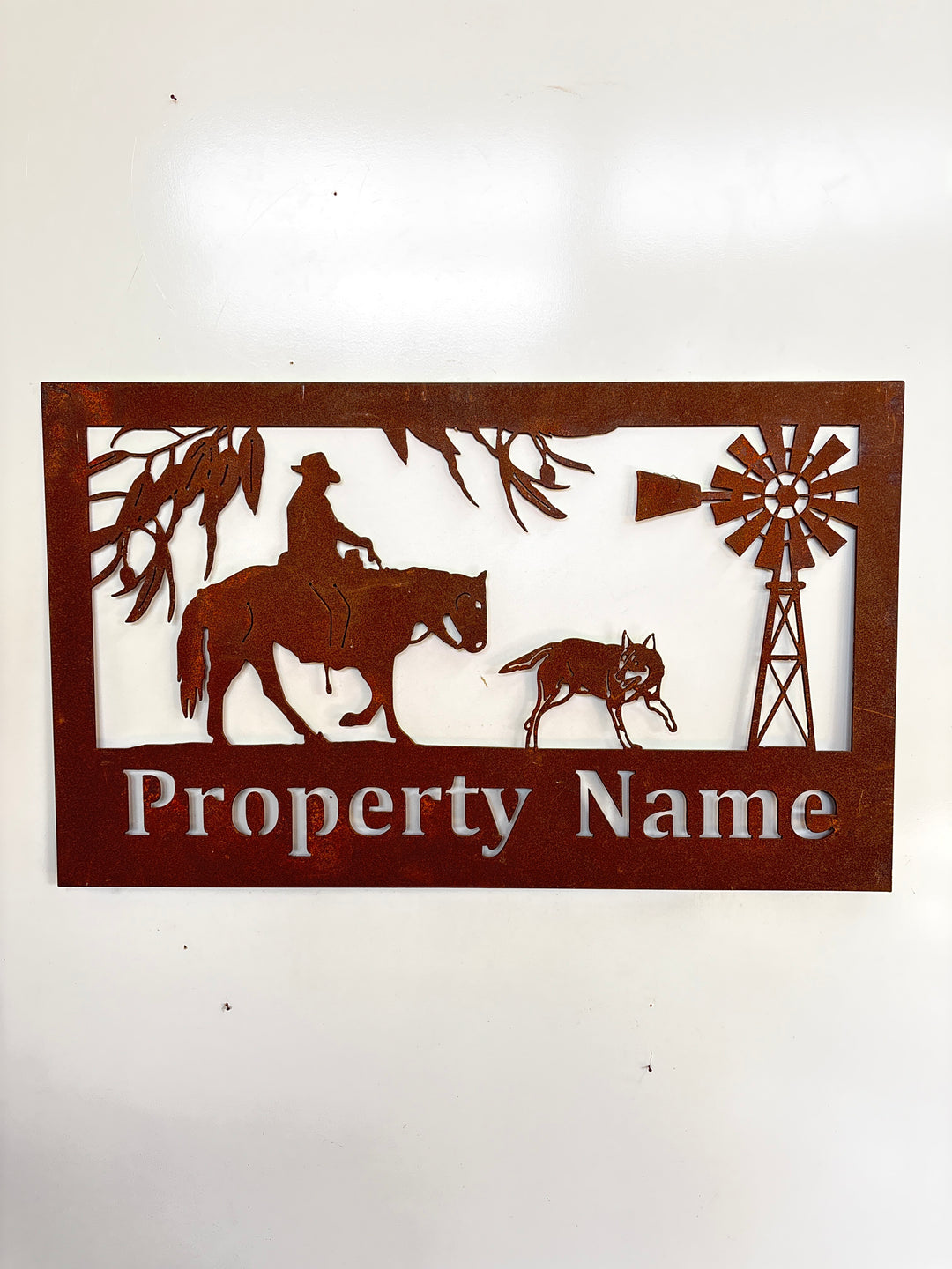 Custom Made Metal Property Sign Horse Man and Dog