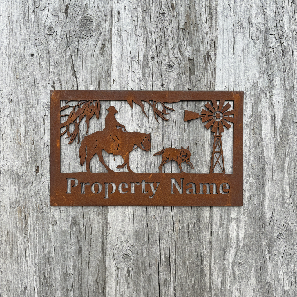 Custom Made Metal Property Sign Horse Man and Dog
