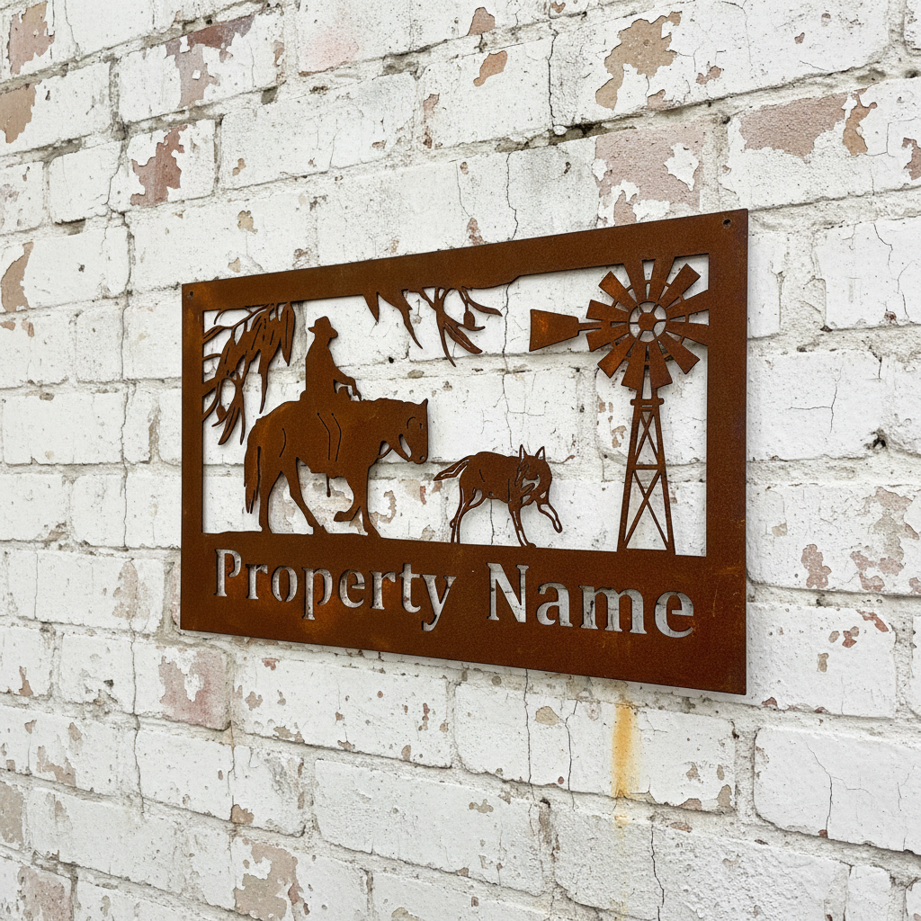 Custom Made Metal Property Sign Horse Man and Dog