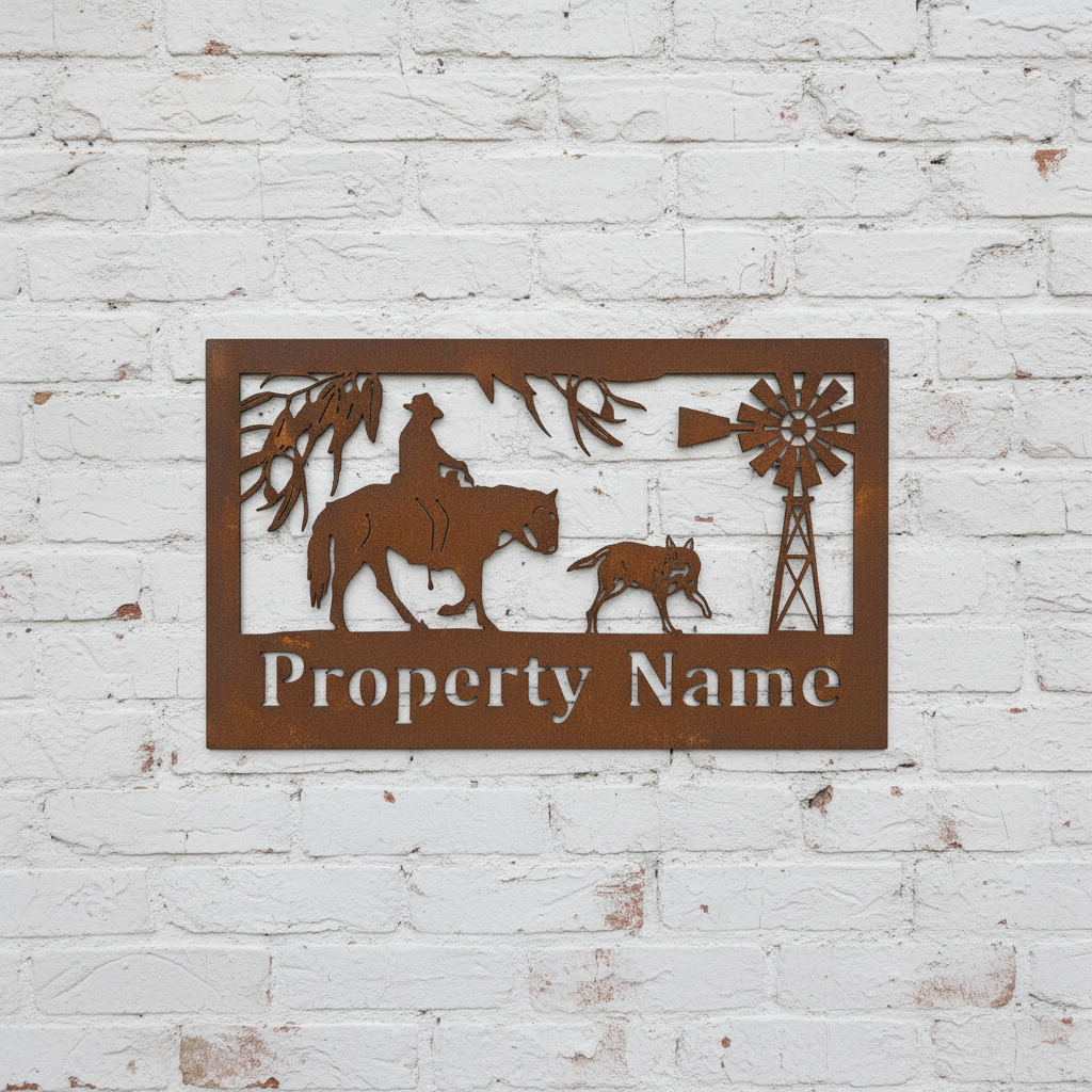 Custom Made Metal Property Sign Horse Man and Dog