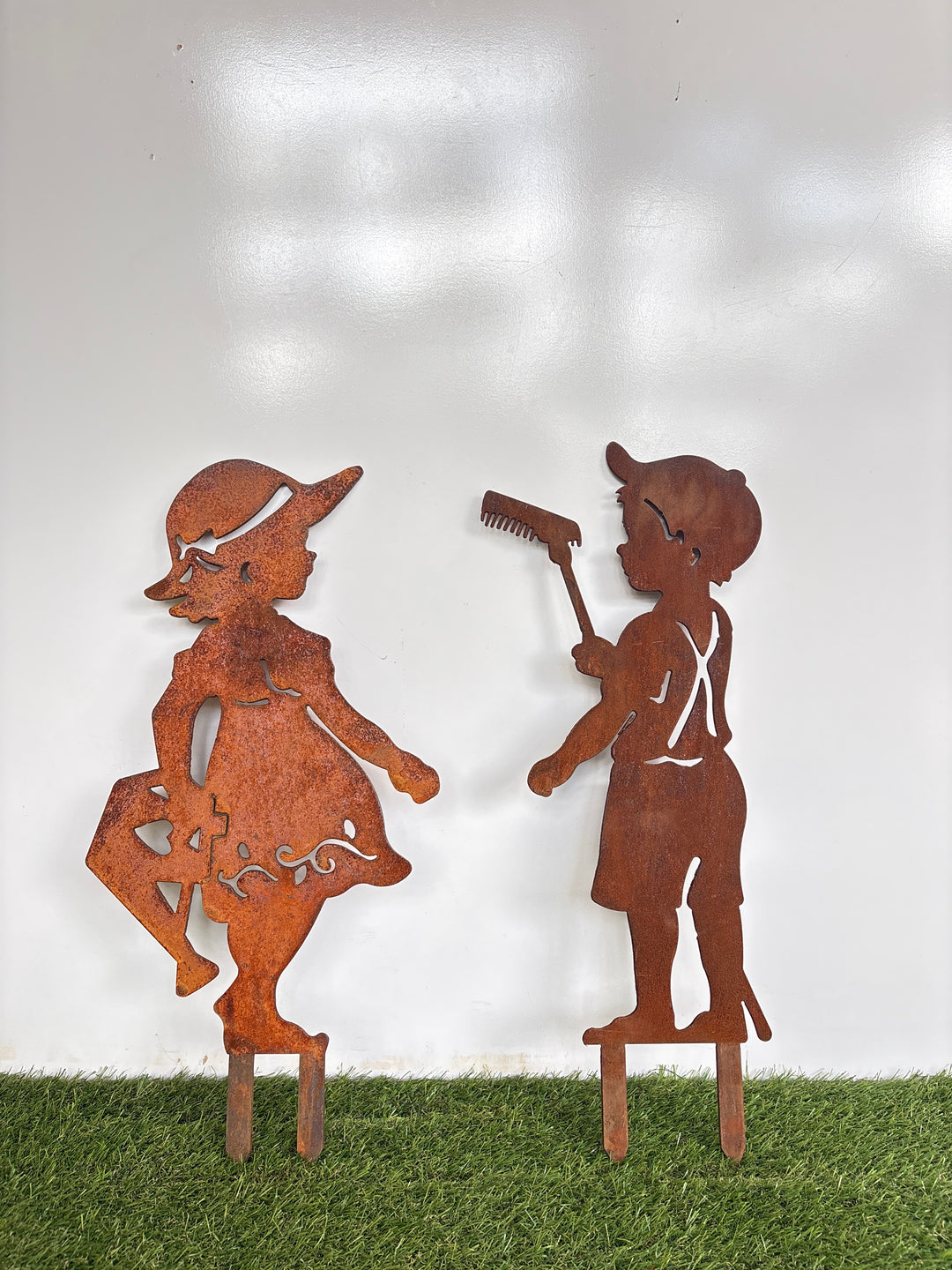Boy with Rake / Girl with Watering Can Metal Garden Art