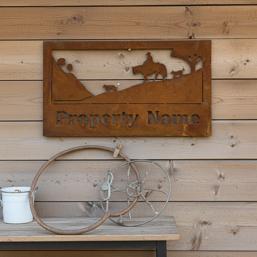Custom Made Metal Property Sign Horse 2 Dogs on a Hillside