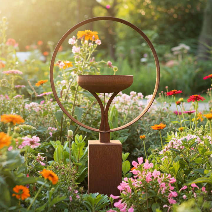 Elemental Birdbath – Sculpted Metal Art on Plinth Base
