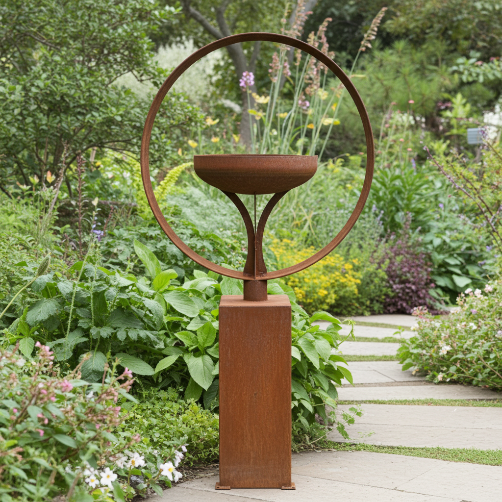 Elemental Birdbath – Sculpted Metal Art on Plinth Base