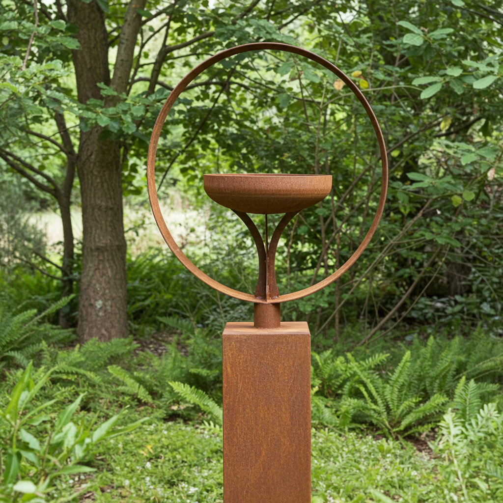 Elemental Birdbath – Sculpted Metal Art on Plinth Base