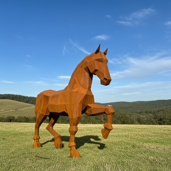 Iron Spirit -Low Poly Metal Horse Sculpture - Modern Geometric Garden Art & Outdoor Feature