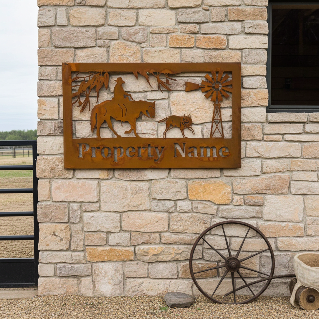 Custom Made Metal Property Sign Horse Man and Dog