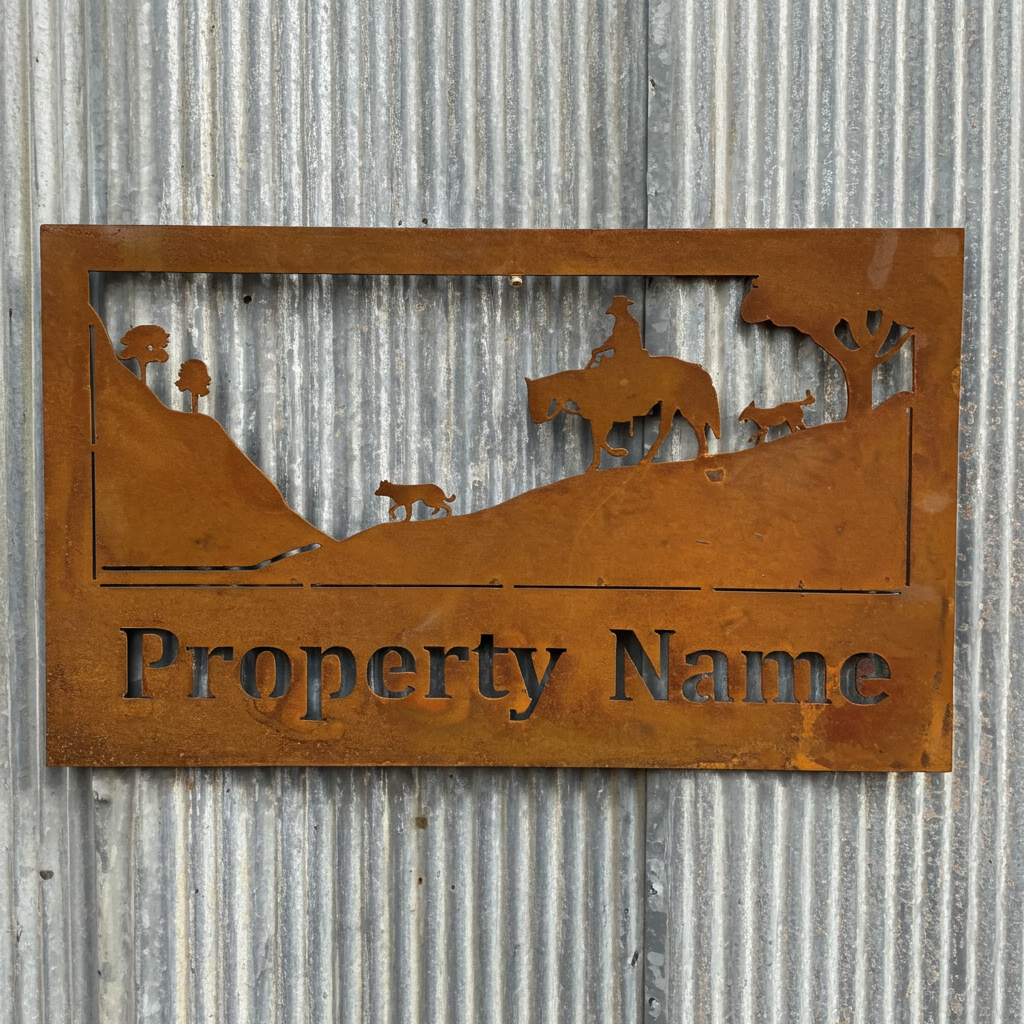 Custom Made Metal Property Sign Horse 2 Dogs on a Hillside