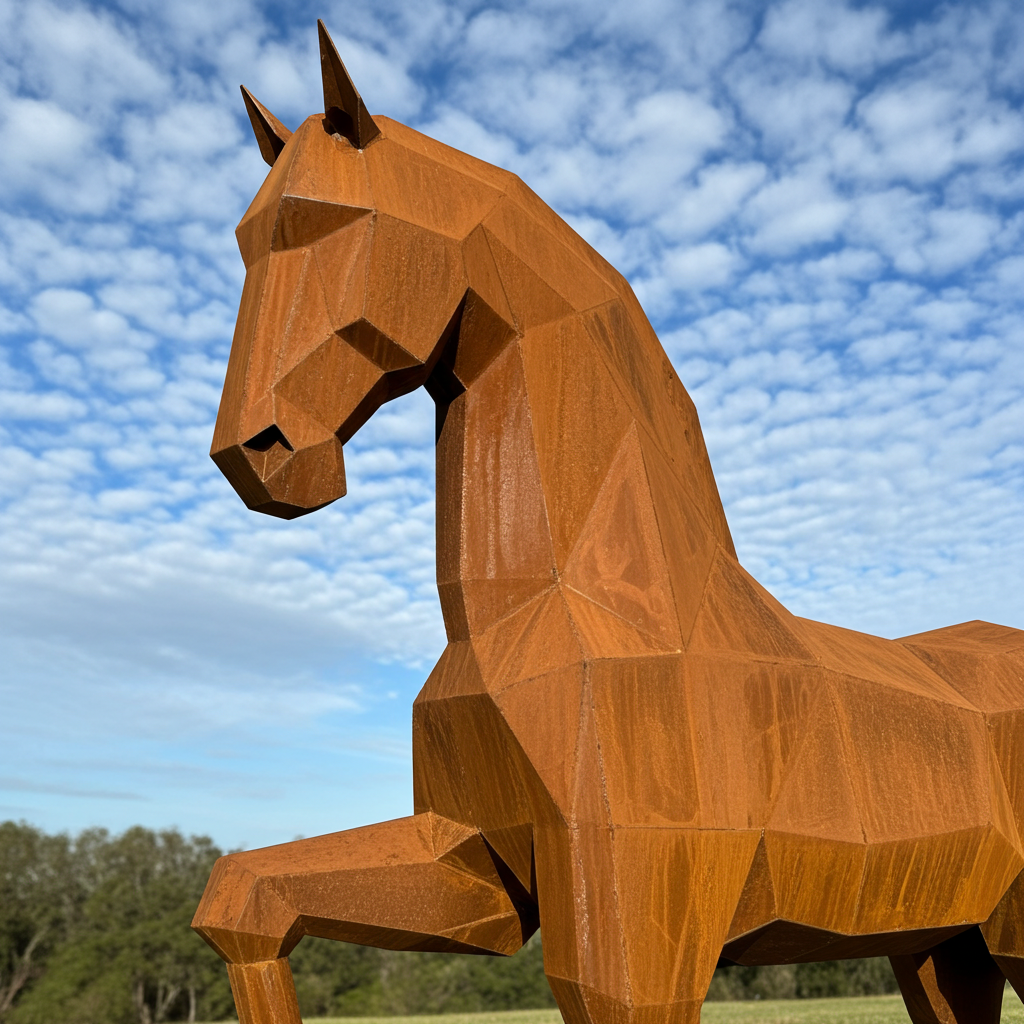Iron Spirit -Low Poly Metal Horse Sculpture - Modern Geometric Garden Art & Outdoor Feature