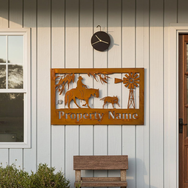 Custom Made Metal Property Sign Horse Man and Dog
