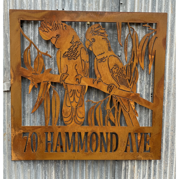 Property Sign Custom Made Metal Address Sign 2 black cockatoos
