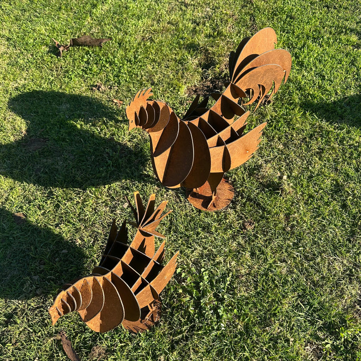 Metal Hen &amp; Rooster Sculptures – Farmyard Garden Art
