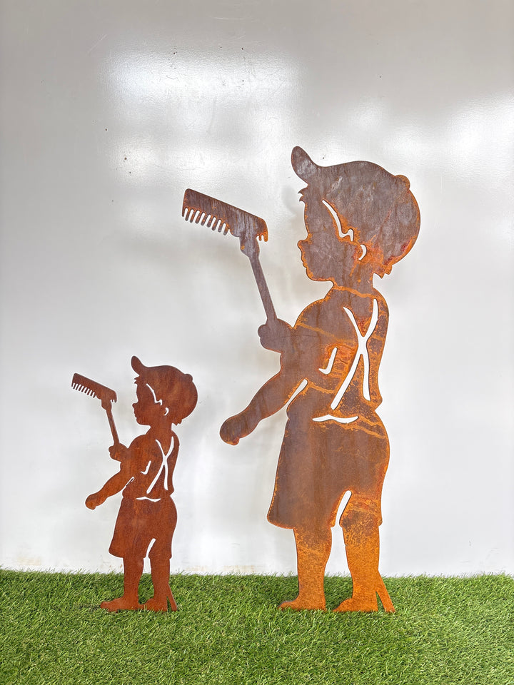 Boy with Rake / Girl with Watering Can Metal Garden Art