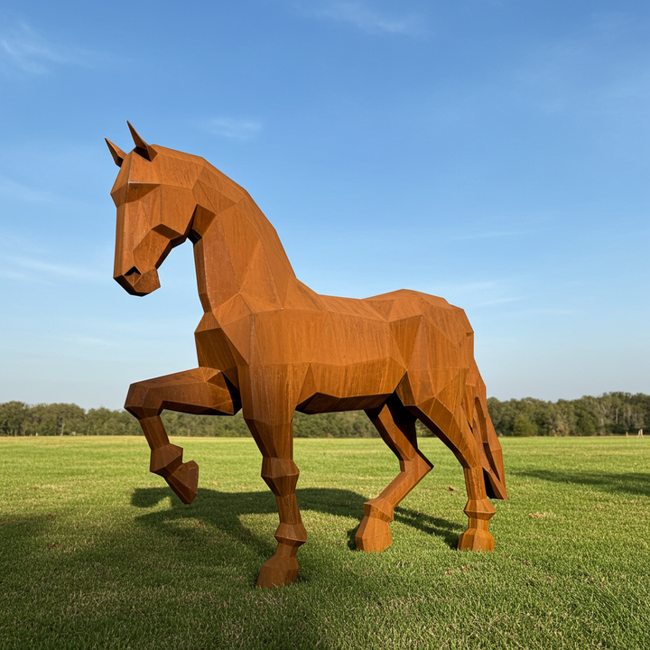 Iron Spirit -Low Poly Metal Horse Sculpture - Modern Geometric Garden Art & Outdoor Feature