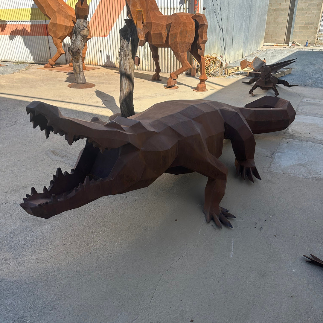 Ironjaw – Low Poly Geometric Metal Crocodile Sculpture