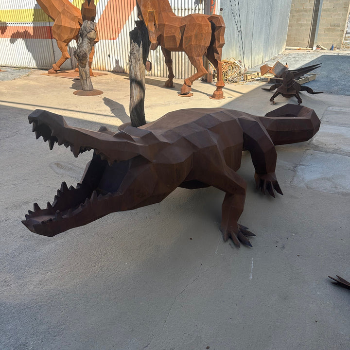 Ironjaw – Low Poly Geometric Metal Crocodile Sculpture
