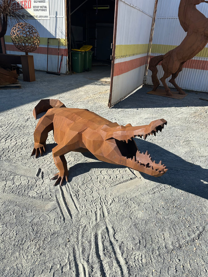 Ironjaw – Low Poly Geometric Metal Crocodile Sculpture
