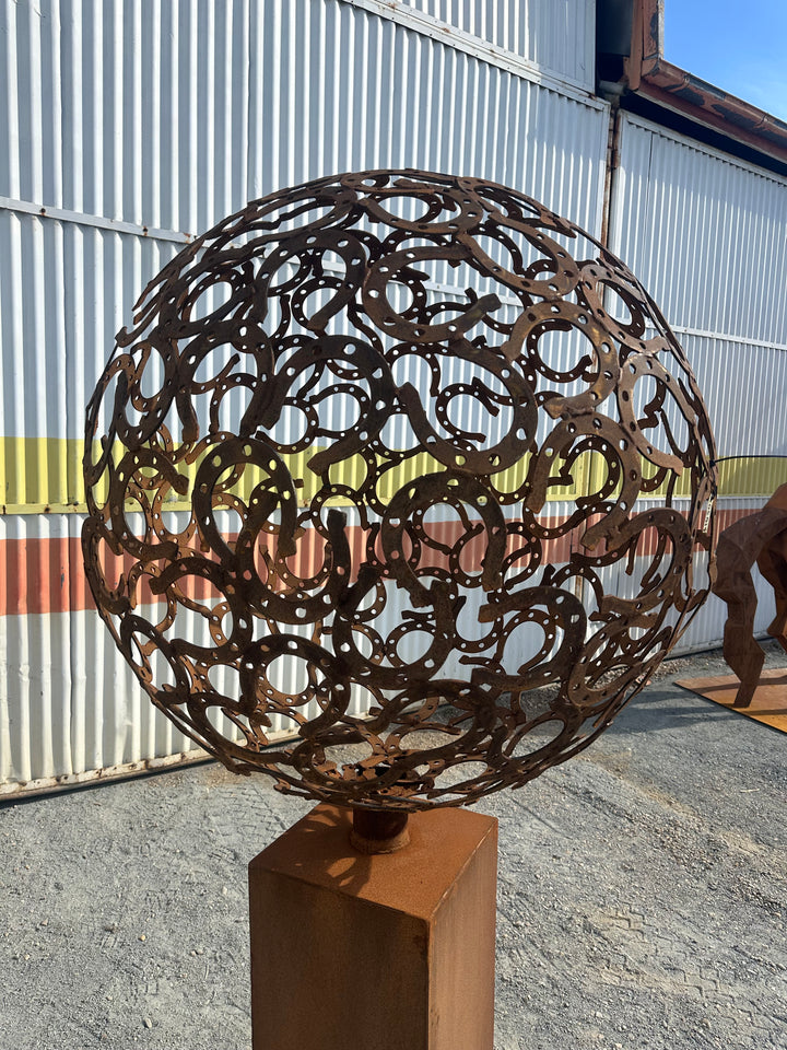 Fortune – Horseshoe Metal Sphere Sculpture on Plinth
