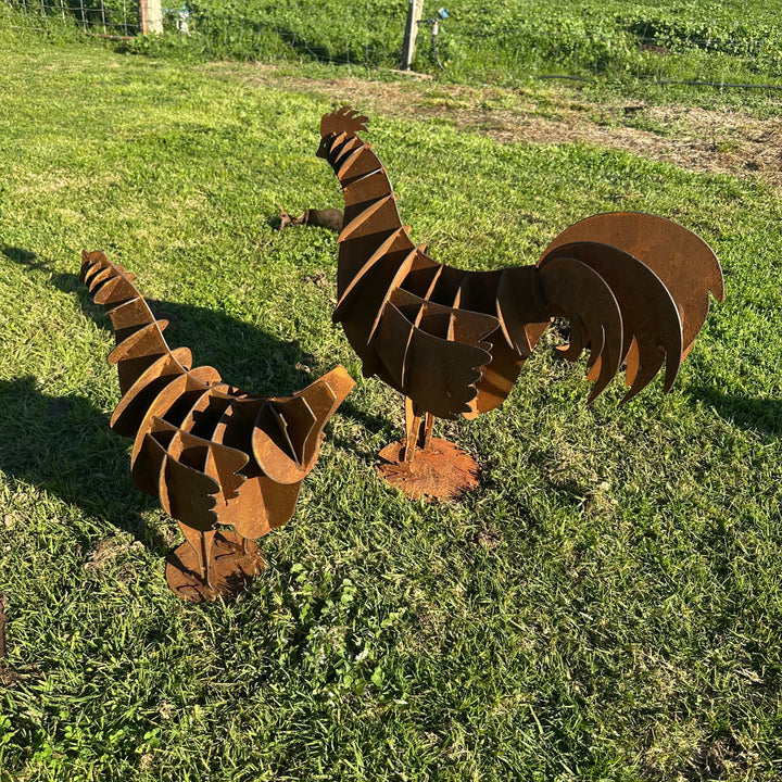 Metal Hen &amp; Rooster Sculptures – Farmyard Garden Art