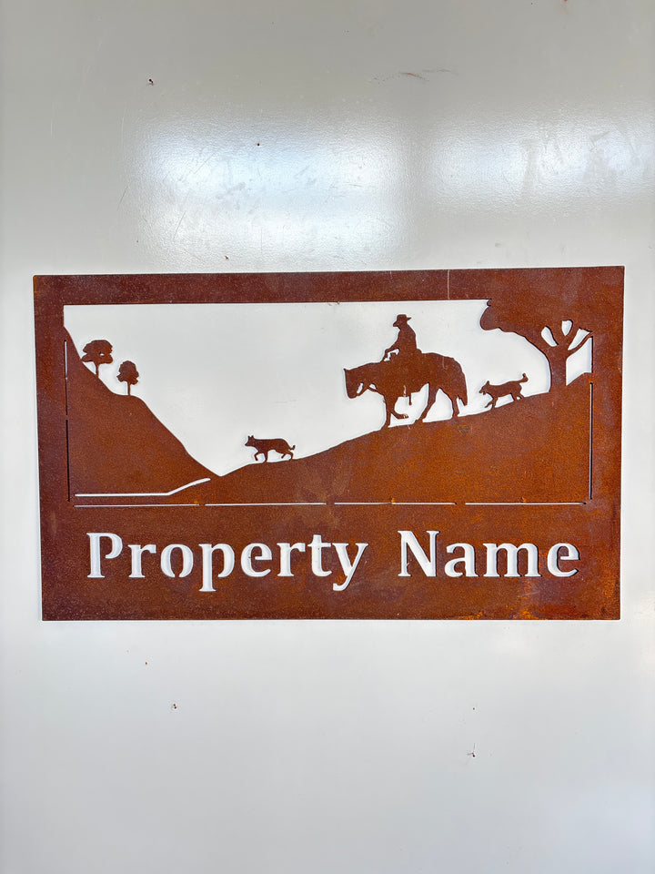 Custom Made Metal Property Sign Horse 2 Dogs on a Hillside