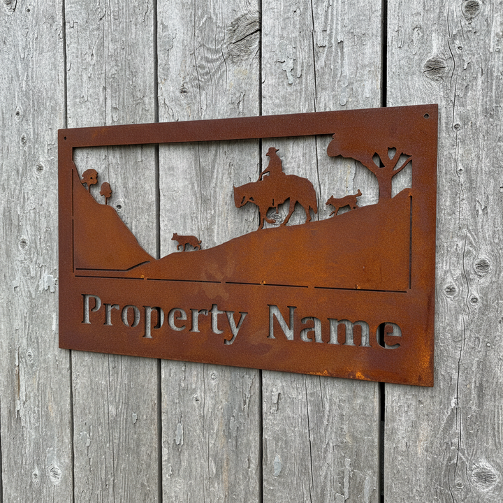 Custom Made Metal Property Sign Horse 2 Dogs on a Hillside