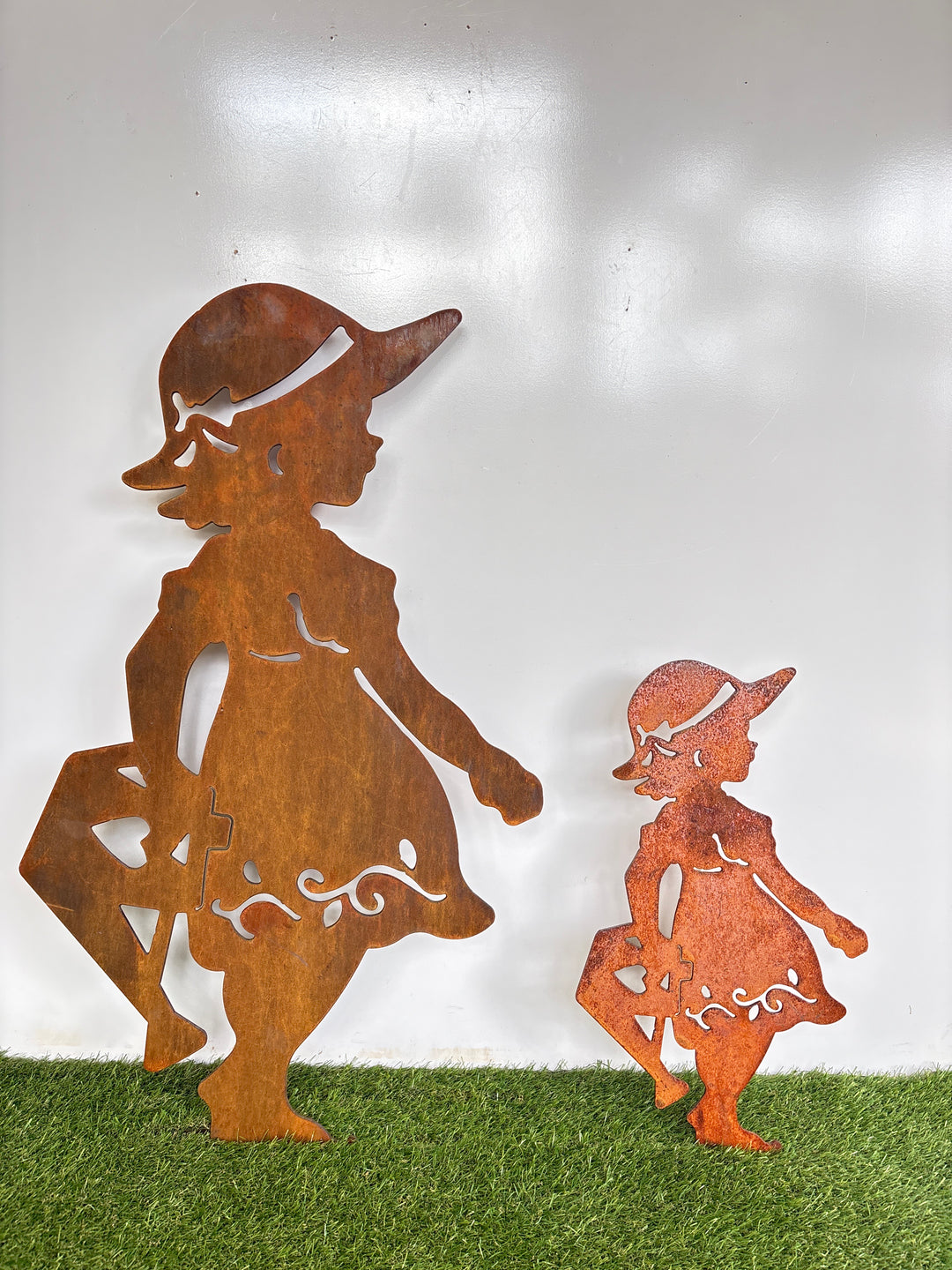 Boy with Rake / Girl with Watering Can Metal Garden Art