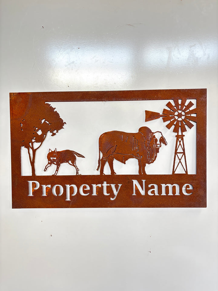 Custom Made Metal Property Sign Brahman Cow and dog