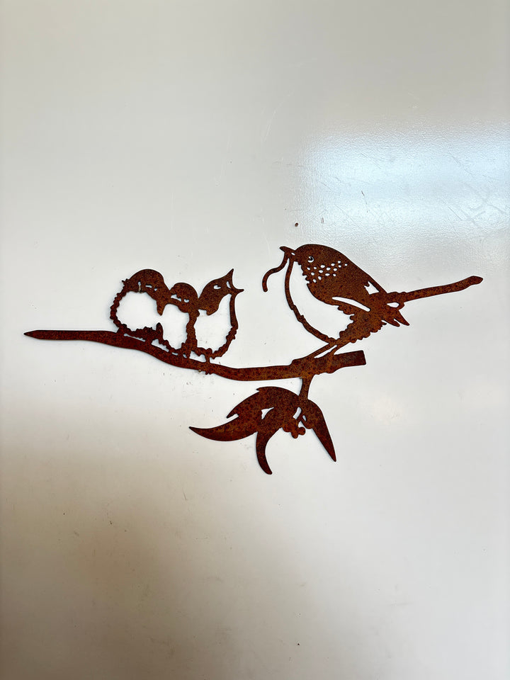 Wren Bird and babies - Metal Wall Art