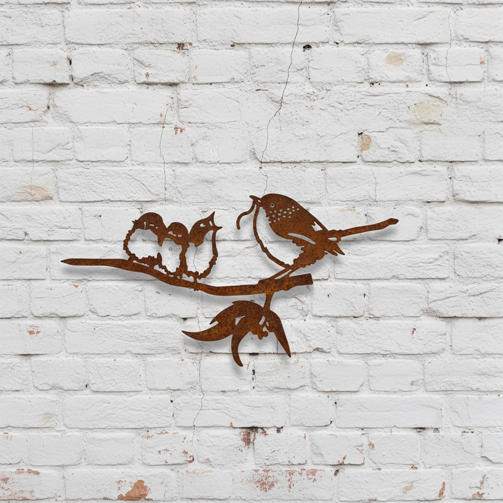 Wren Bird and babies - Metal Wall Art