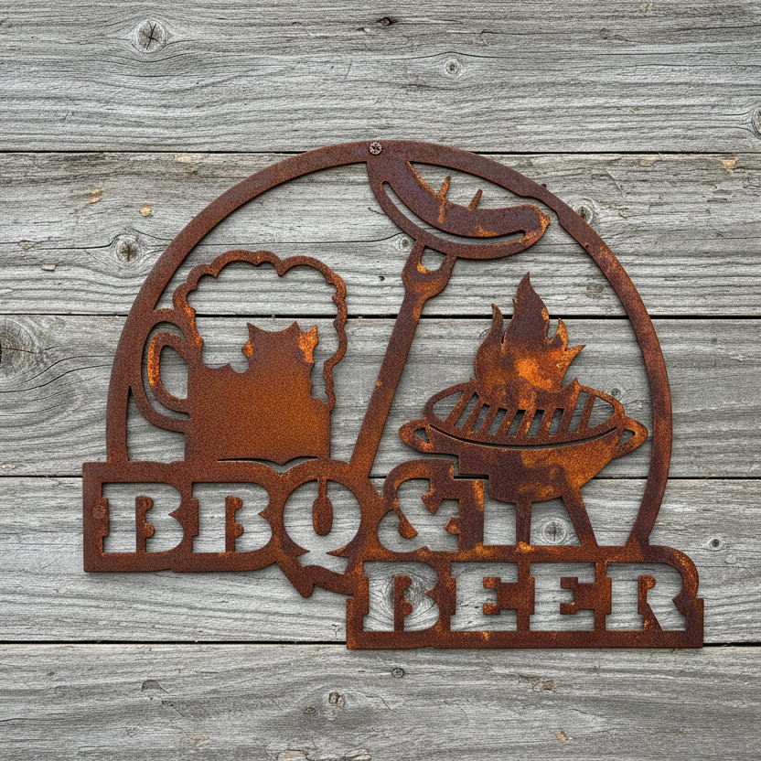 BBQ & Beer Sign - Metal Wall Art - Shed