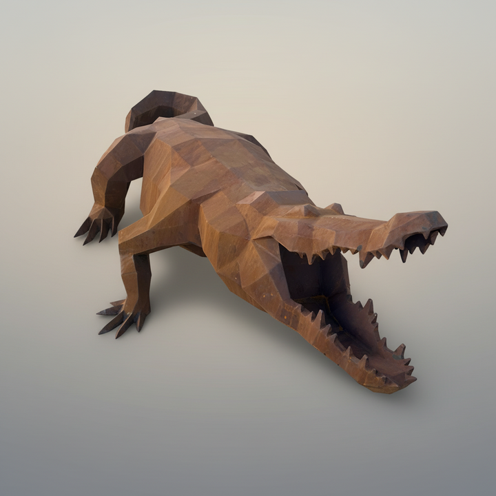 Ironjaw – Low Poly Geometric Metal Crocodile Sculpture