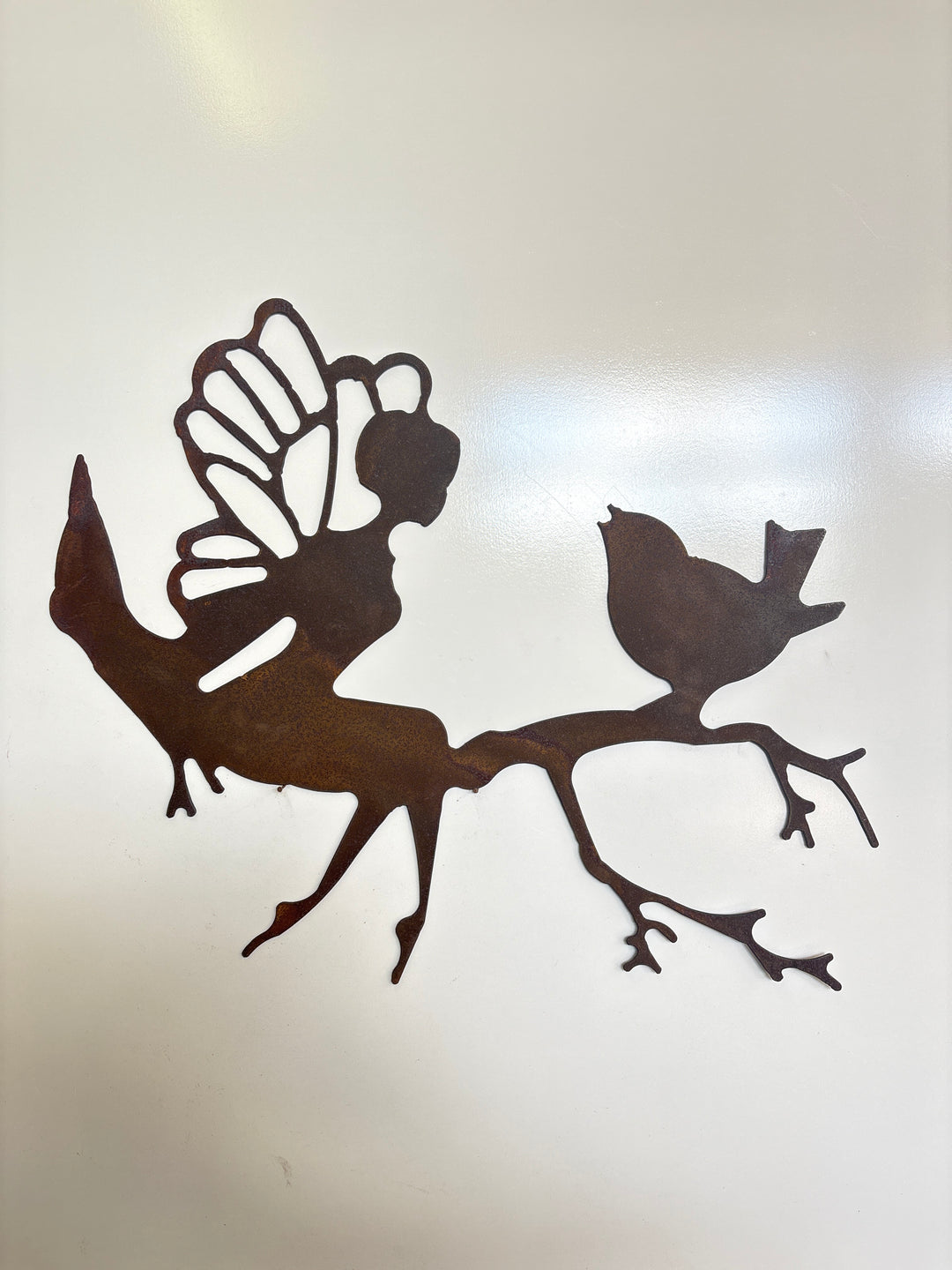 Fairy and Bird on Branch Metal Wall Art
