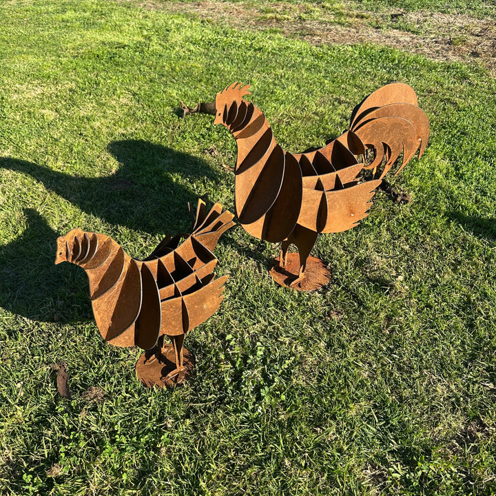 Metal Hen &amp; Rooster Sculptures – Farmyard Garden Art