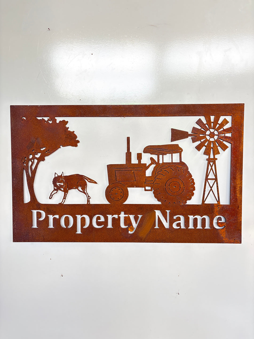 Custom Made Metal Property Sign Tractor Dog