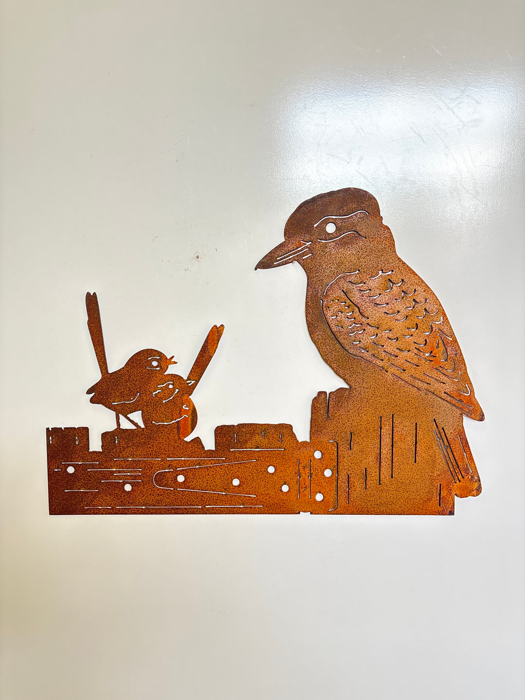 Kookaburra and 2 wrens on a gate  metal wall art