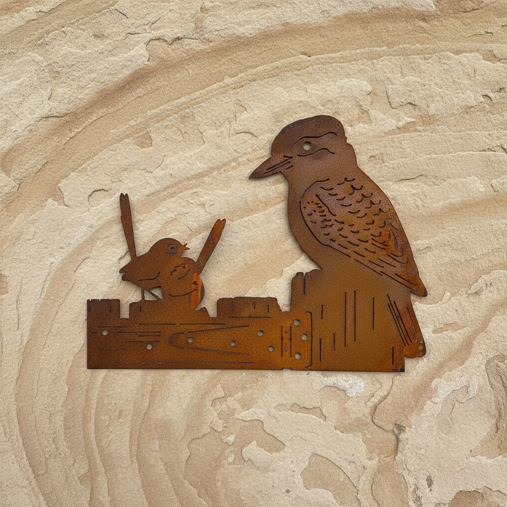 Kookaburra and 2 wrens on a gate  metal wall art
