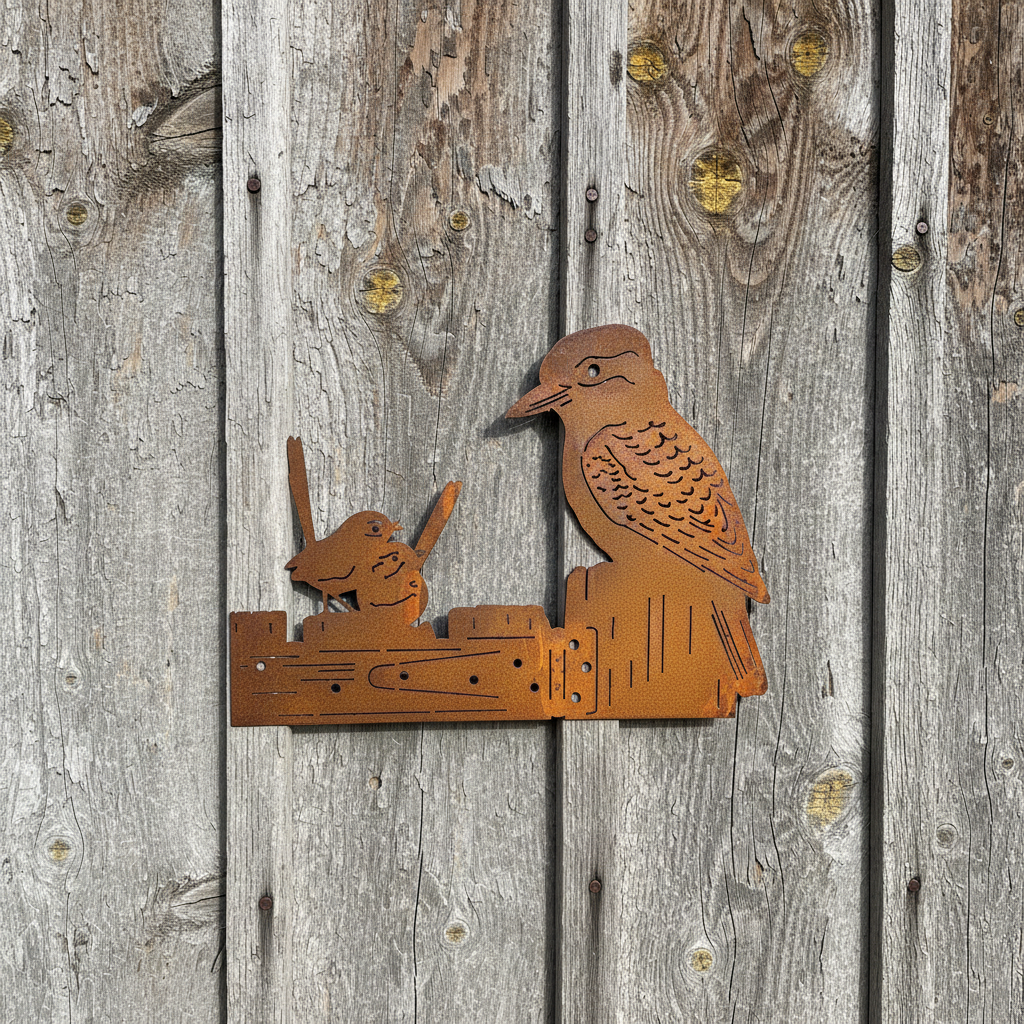 Kookaburra and 2 wrens on a gate  metal wall art