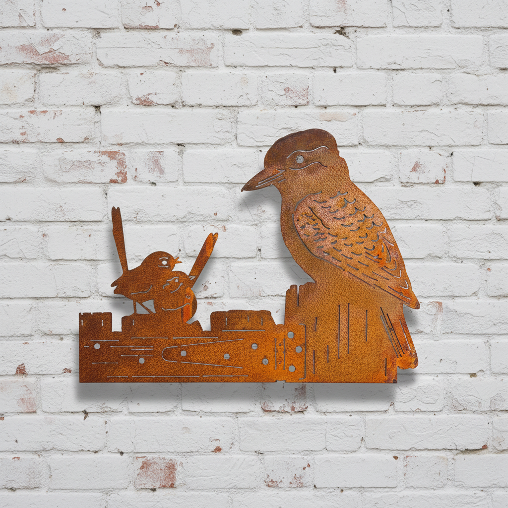 Kookaburra and 2 wrens on a gate  metal wall art