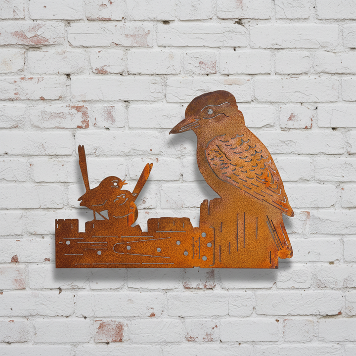Kookaburra and 2 wrens on a gate  metal wall art