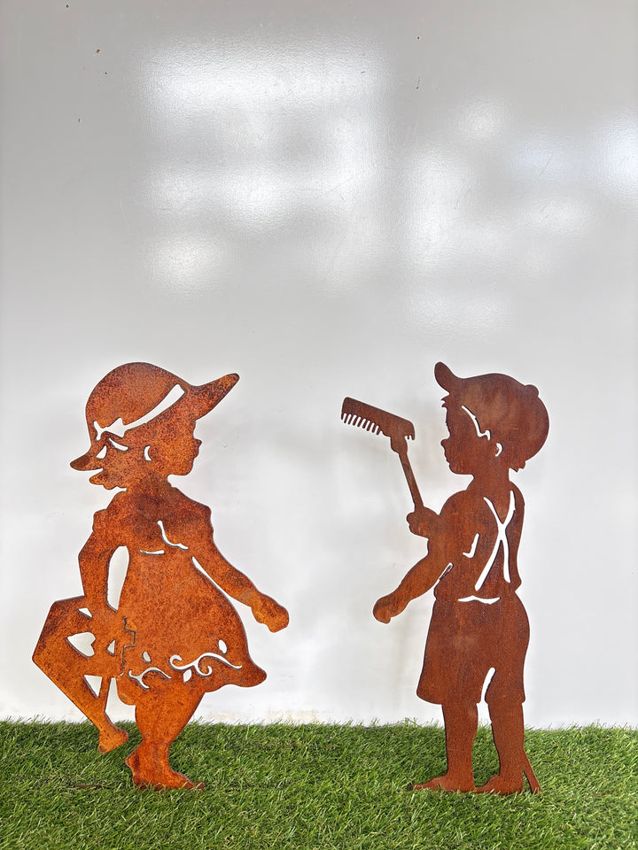 Boy with Rake / Girl with Watering Can Metal Garden Art