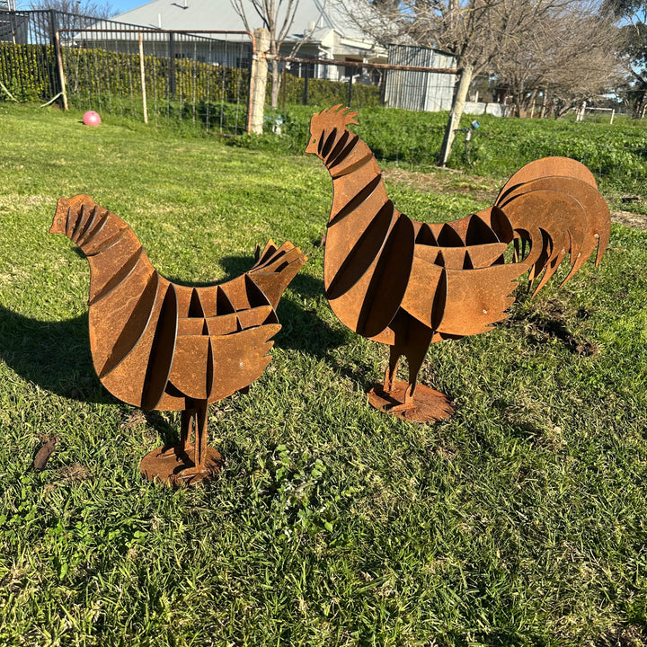 Metal Hen &amp; Rooster Sculptures – Farmyard Garden Art